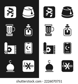 Set Perfume, Medieval goblet, Speaker mute, Turkish hat, Traditional carpet, Star and crescent, No Smoking and Muslim Mosque icon. Vector