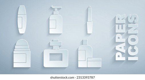 Set Perfume, Nail file, Antiperspirant deodorant roll, Cream lotion cosmetic tube,  and Mascara brush icon. Vector