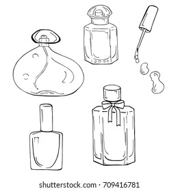 Set of perfume and nail polish bottles on white background. Hand drawn vector illustration.