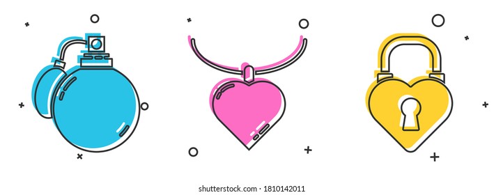 Set Perfume, Necklace with heart shaped pendant and Castle in the shape of a heart icon. Vector