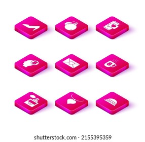 Set Perfume, Necklace with heart shaped pendant, 8 March in human head, Envelope, Elegant women hat, Coffee cup, Online dating app and chat and  icon. Vector