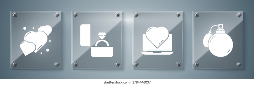 Establece Perfume, aplicación de citas en línea y chat, anillo de compromiso de diamantes y Corazón. Paneles de vidrio cuadrado. Vector