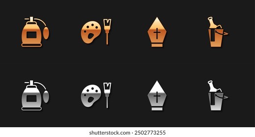 Set Perfume, Paint brush with palette, Pope hat and Bottle of wine bucket icon. Vector