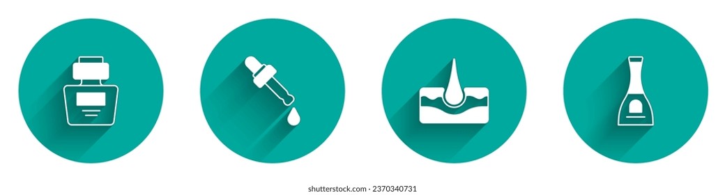 Set Perfume, Pipette with oil, Human hair follicle and Bottle of nail polish icon with long shadow. Vector