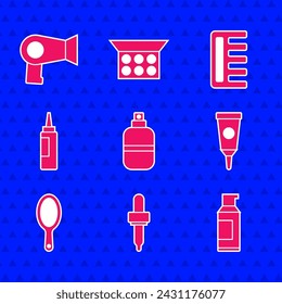Set Parfüm, Pipette, Spraydose für Haarspray, Creme Lotion Kosmetikschlauch, Handspiegel, Haarbürste und Trockner-Symbol. Vektor