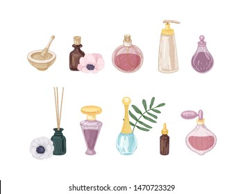 Set of perfume products in glass bottles and flasks isolated on white background. Bundle of drawings of fragrances, toilet water, essential oil, incense sticks, mortar and pestle. Vector illustration.