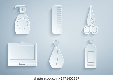 Set Perfume, Tijeras, Polvo de maquillaje con espejo, Botella de champú, Icono de cepillo de pelo y jabón líquido. Vector