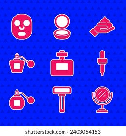 Set Parfüm, Rasierapparat, Runder Schminkspiegel, Pipette, Kosmetikröhre Creme und Gesichtsmaske Icon. Vektorgrafik