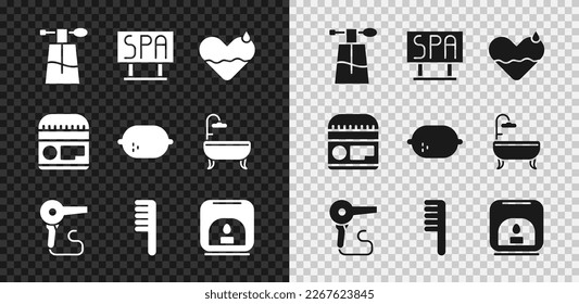 Set Perfume, Spa salon signboard, Heart heal, Hair dryer, Hairbrush, Aroma lamp, Cream or lotion cosmetic tube and Lemon icon. Vector