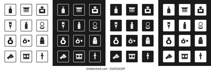 Set Perfume, Spray can for hairspray, Cream lotion cosmetic tube, Makeup powder with mirror, Antiperspirant deodorant roll and  icon. Vector
