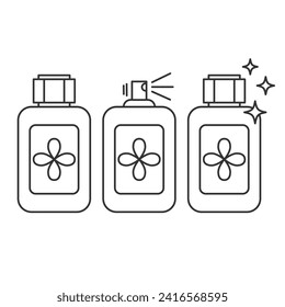 Set of perfume thin line icons.Eau de toilette. Perfume spray container isolated on white background.Editable Stroke. Vector illustration EPS 10.