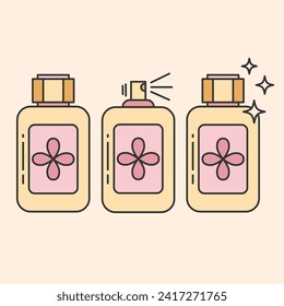 Juego de íconos de línea delgada con perfume. Contenedor de pulverización de perfume aislado en el fondo beige.Accionamiento editable. Ilustración del vector EPS 10.