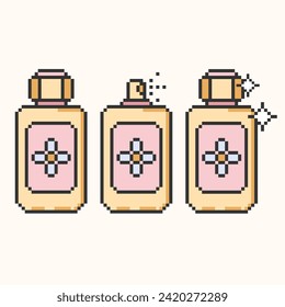 Set of perfume thin pixel art icons.Eau de toilette.Perfume spray container isolated on beige background.Vector illustration EPS 10.