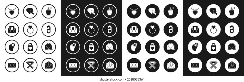 Set Perfume, Wedding rings, Envelope with 8 March, Necklace heart shaped pendant, Please do not disturb, Heart and cursor click, Online dating app chat and human head icon. Vector