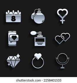 Set Perfume, Wedding rings, Round makeup mirror, Two Linked Hearts, Diamond, Online dating app and chat, Female gender symbol and Calendar with 8 March icon. Vector