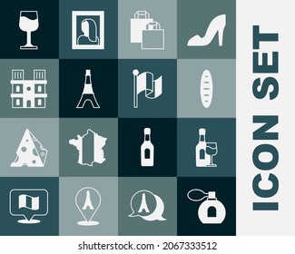 Set Perfume, Wine bottle with glass, French baguette bread, Paper shopping, Eiffel tower, Notre Dame de Paris,  and Flag France icon. Vector