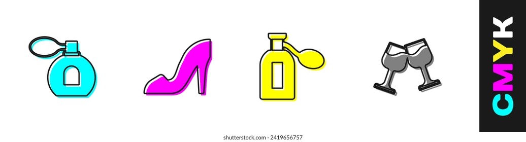 Set Perfume, Woman shoe,  and Wine glass icon. Vector