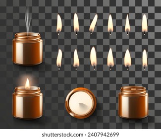 Set of Perfumed Soy and coconut wax candle in brown glass jar and candles flames different shapes isolated on transparent background. Candlelight, aromatherapy. Realistic 3d Vector illustration.