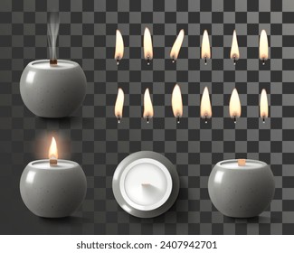 Set of perfumed soy wax candle in glass jar and lights from candles flames different shapes isolated on transparent background. Candlelight, aromatherapy, meditation. Realistic 3d Vector illustration.