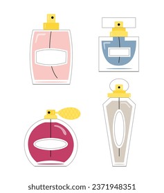Set of perfumes concept. Cosmetics products in glasses. Red and pink, blue and beige cologne. Aroma and scented products. Cartoon flat vector collection isolated on white background