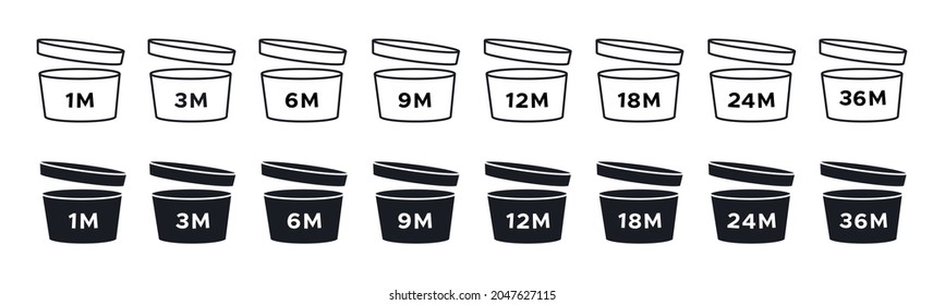 Set period after opening cosmetic icon in the simple style. PAO symbols - expiration of the use time for creams and cosmetics after opening the package. Silhouette vector illustration for beauty.