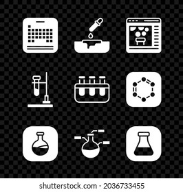 Set Periodic-Tisch, Petrischale mit Pipette, Chemical online, Test-Tube und Kolben, Feuer und Symbol. Vektorgrafik