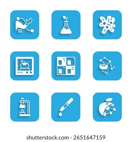 Set Periodic table, Pipette, Biological structure, Genetically modified food, Test tube flask on fire, 3D printing technology, Cell and Prosthesis hand icon. Vector