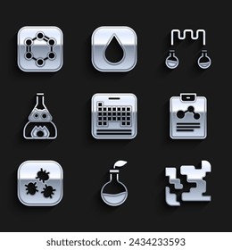 Set Periodic table, Plant breeding, Gaseous, Chemistry report, Bacteria, Test tube flask on fire, and and Formula of benzene rings icon. Vector