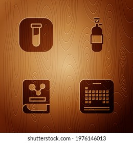 Set Periodic table, Test tube and flask, Chemistry book and Propane gas tank on wooden background. Vector