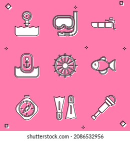 Set Periscope, Diving mask and snorkel, Inflatable boat with motor, Location anchor, Ship steering wheel, Fish, Compass and Flippers for swimming icon. Vector
