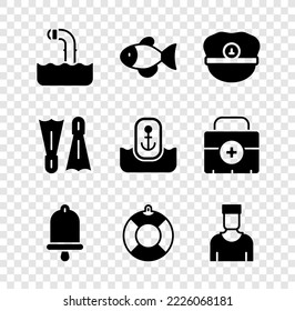 Set Periscope, Fish, Captain hat, Ship bell, Lifebuoy, Sailor captain, Flippers for swimming and Location with anchor icon. Vector