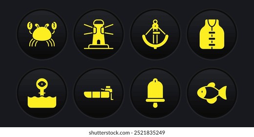 Set Periscope, Life jacket, Inflatable boat with motor, Ship bell, Anchor, Lighthouse, Fish and Crab icon. Vector