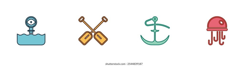 Establecer Periscope, Paddle, Ancla y icono de medusa. Vector