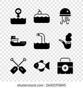Set Periscope, Submarine, Jellyfish, Paddle, Fish, First aid kit, Cargo ship and  icon. Vector