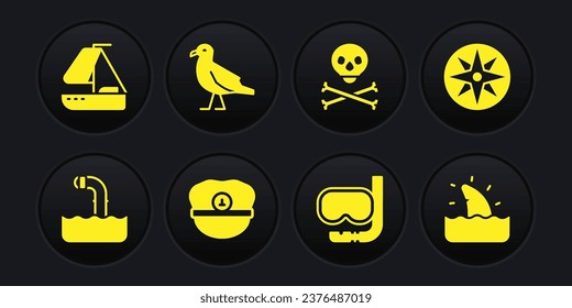 Set Periscope, Wind rose, Captain hat, Diving mask and snorkel, Skull on crossbones, Bird seagull, Shark fin ocean wave and Yacht sailboat icon. Vector