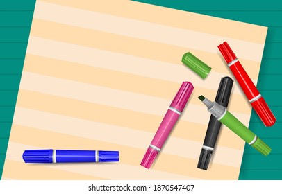 Un conjunto de marcadores permanentes delante del periódico, coloridos, fijos, de vuelta a la escuela