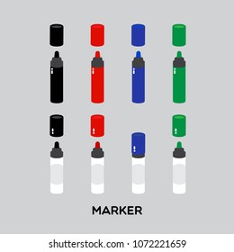 A set of permanent and non permanent markers with black, red, blue and green. A pen with lid in different colors are on light grey background.
