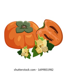 Satz Persimmonfrüchte auf weißem Hintergrund. Reife Frischsaftpersimmon, geschnittene Früchte und Persimmonen Blumen. Vektorillustration.