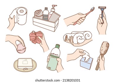 Set of person with beauty products do daily body and face routine in bath. Collection of man and woman with bathroom essentials preform morning hygiene. Flat vector illustration. 