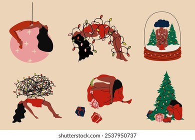 Set of person experiences sadness and unhappiness during the Christmas holidays. Psychology concept