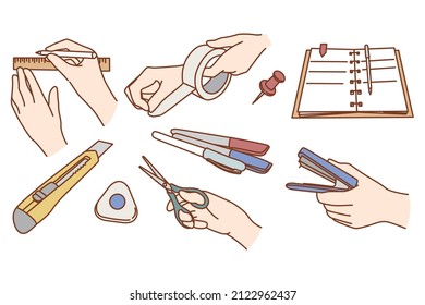 Set of person hand with diverse stationery study or work at desk. Collection of office supplies with student or pupil. Writing equipment for business or school. Flat vector illustration. 