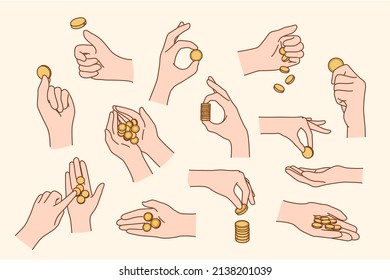 Juego de manos personales con monedas de oro contando y jugando con. Colección de personas con dinero en armas. Finanzas y banca. Salvando el concepto. Ilustración vectorial plana. 