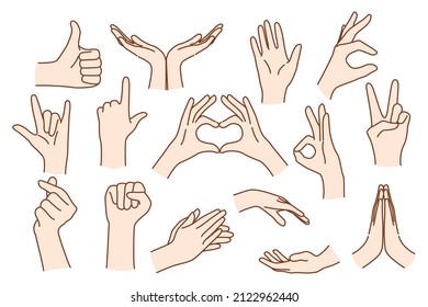 Set of person hands show different hand gestures expressing thoughts and emotions. Man or woman speak talk using sign language. Nonverbal communication concept. Flat vector illustration. 