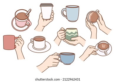 Set of person hold mugs enjoy coffee in cafe or home. Collection of people with takeaway or casual cups drink warm tea or cappuccino in coffeeshop or house. Flat vector illustration. 