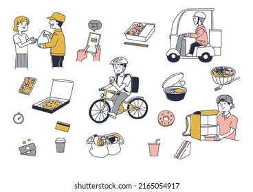  Un conjunto de ilustraciones personales e iconos de comida relacionados con los servicios de entrega Persona manuscrita cómica