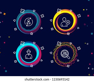 Set of Person info, Delete user and Engineer icons. Search employees sign. Refresh user data, Remove profile, Worker profile. Staff analysis.  Circle banners with line icons. Gradient colors shapes