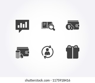 Set of Person info, Payment method and Search book icons. Analytical chat, Buying accessory and Gift box signs. Refresh user data, Wallet with coins, Online education. Vector