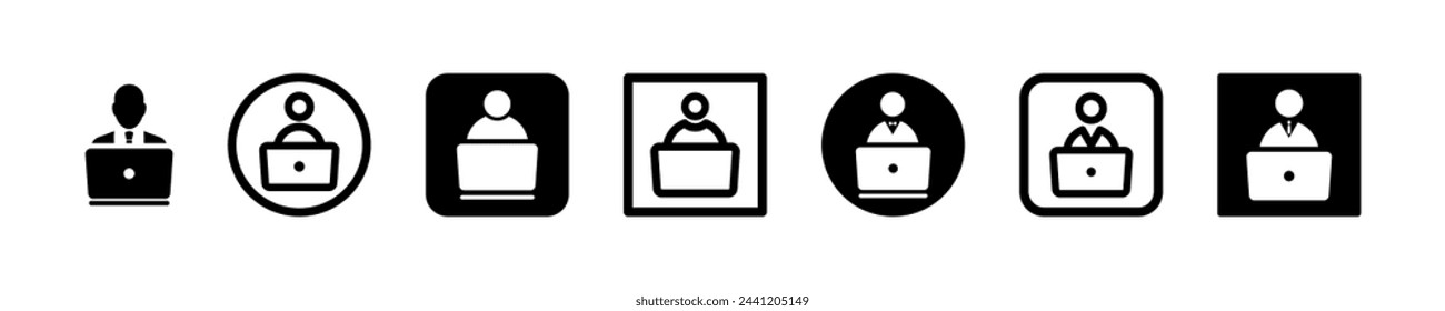 Conjunto de iconos vectoriales de persona y portátil. Persona con computadora. Blogger, freelance, programador o estudiante escribiendo en la computadora portátil.