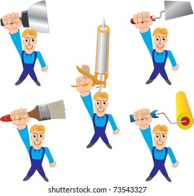 Set of the person in overalls with different decorator tools