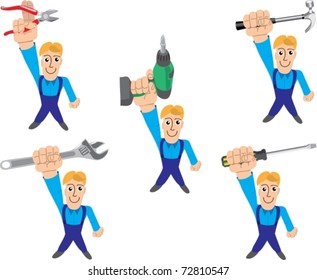 Set of the person in overalls with different mounting tools